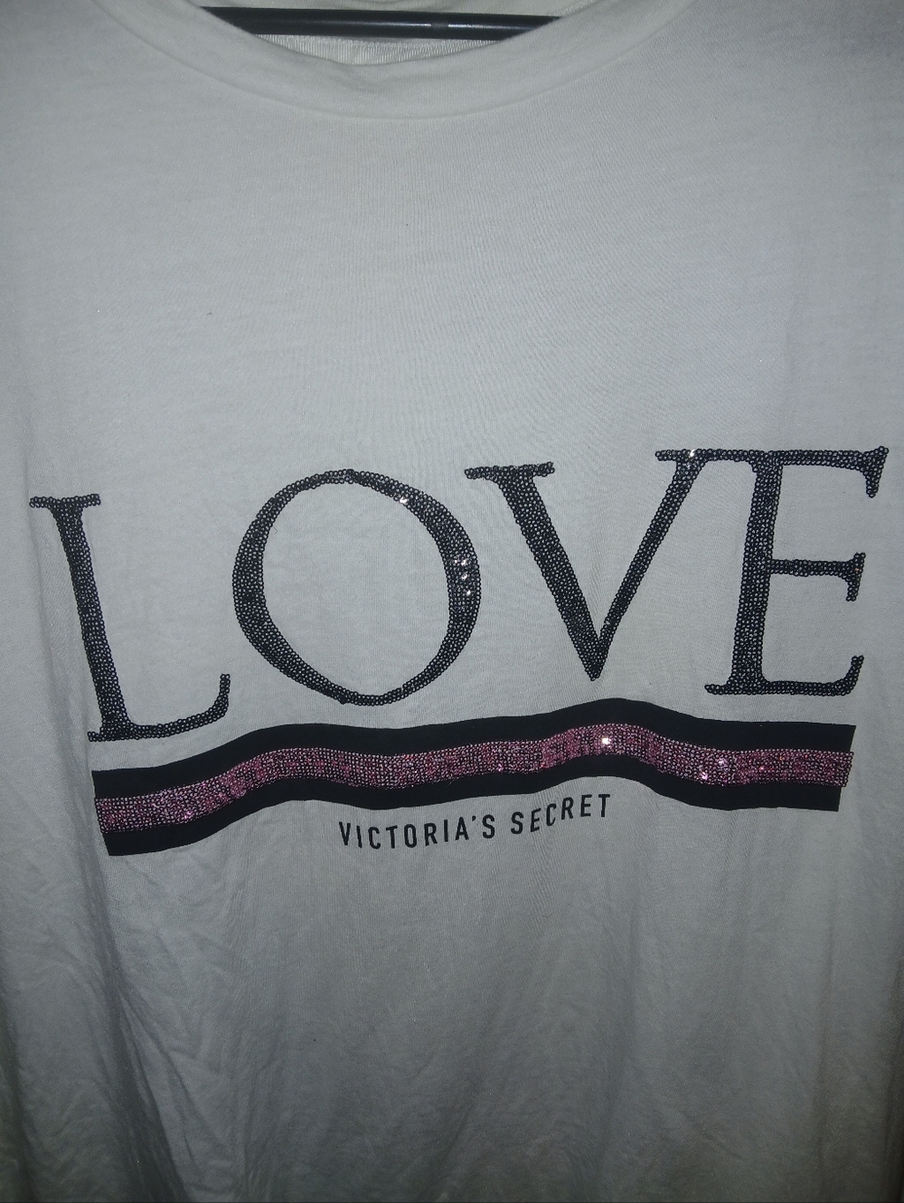 Victoria's Secret White Tee with Black Glitter 'LOVE' and Pink Stripe - Picture 3 of 3